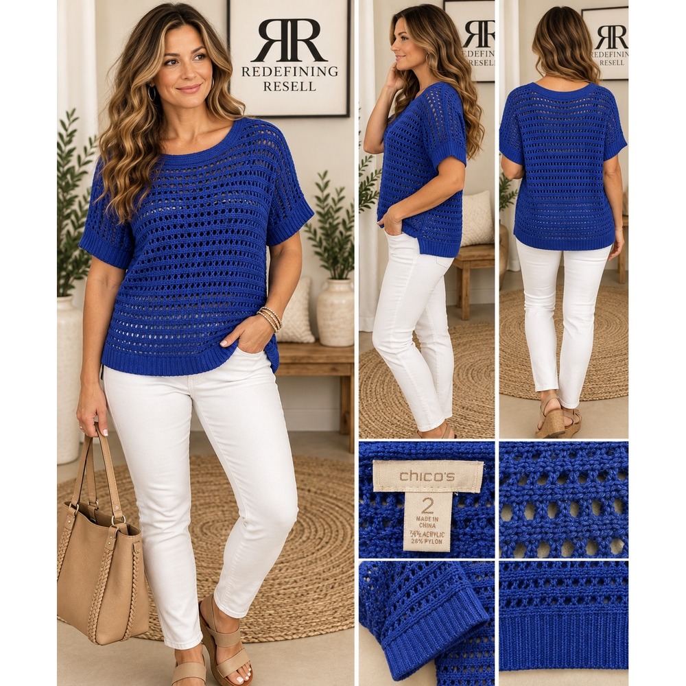 Chicos Royal Blue Open Knit Crochet Sweater Short Sleeve Size 2 Large Relaxed